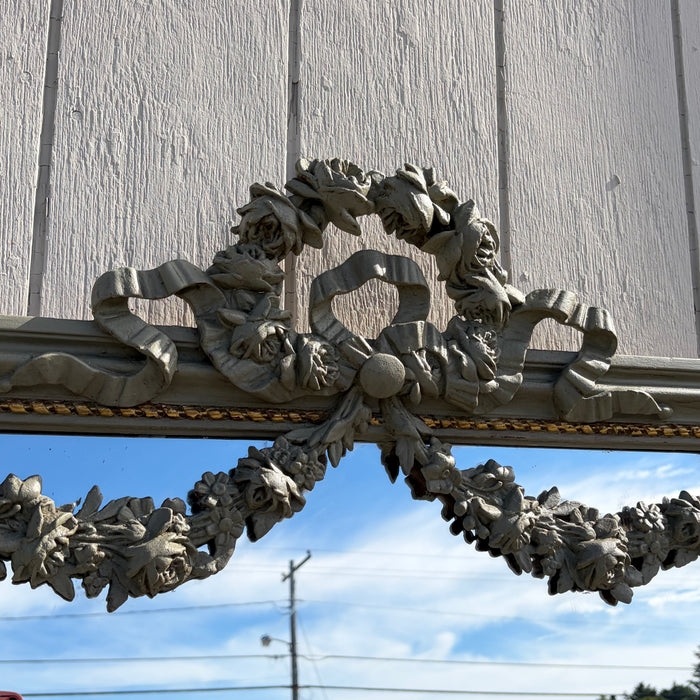 Tall Antique French Painted Neoclassical Pier Mirror with Gilt Accents, Floral Garlands, Ribbon Bow and Wreath Crest