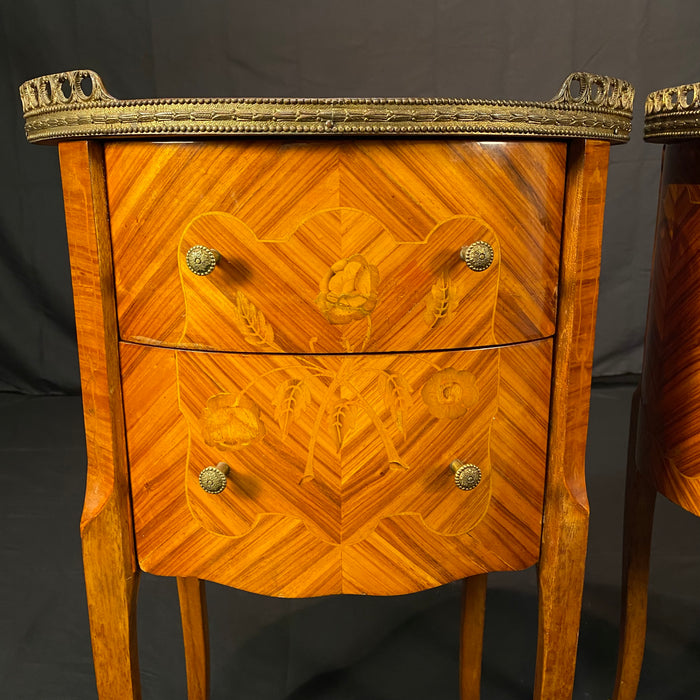 French Louis XV bedside tables, nightstands or side tables with marquetry