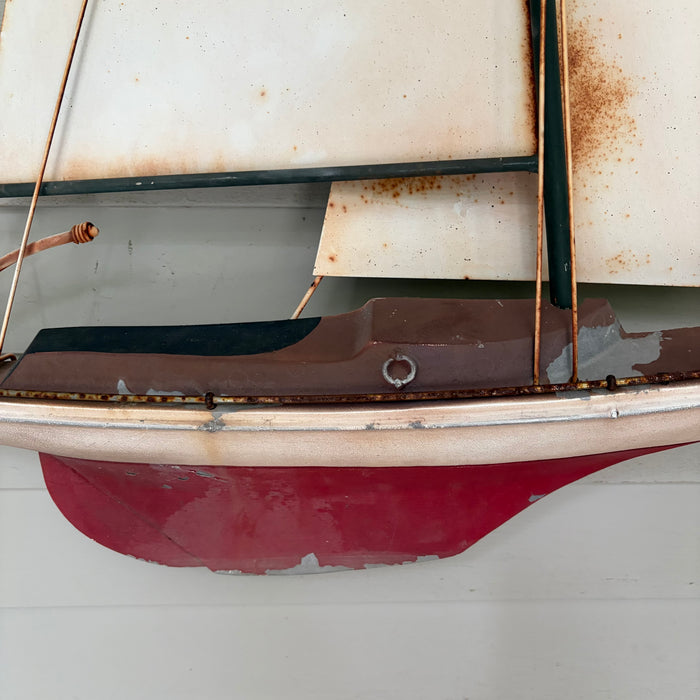 Large Vintage Metal Sailboat Yacht Wall Sculpture with Painted Hull and Wire Rigging