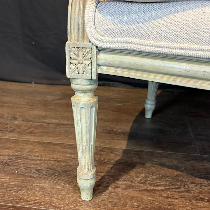 Pair of Antique French Louis XVI Carved and Painted Bergère Armchairs with New Upholstery