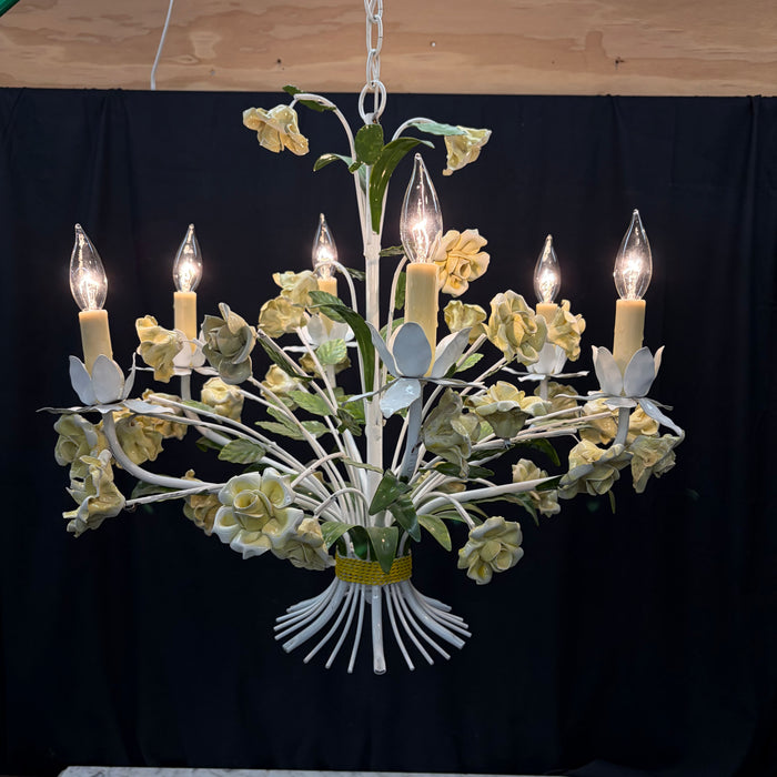 Vintage Italian Style Tole Painted Floral 6-Arm Chandelier With Rose Flowers and Leaves