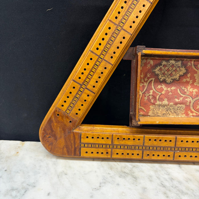Antique Inlaid Triangular Cribbage Board with Integrated Card Holder