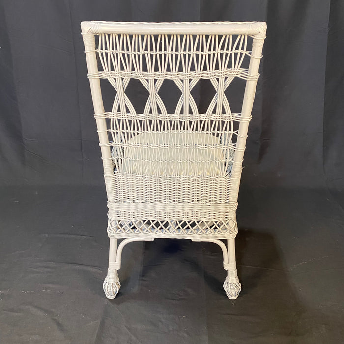 Set of 4 Vintage Open Weave Classic Coastal Maine Wicker and Bamboo Dining Chairs or Side Chairs with Down Cushions