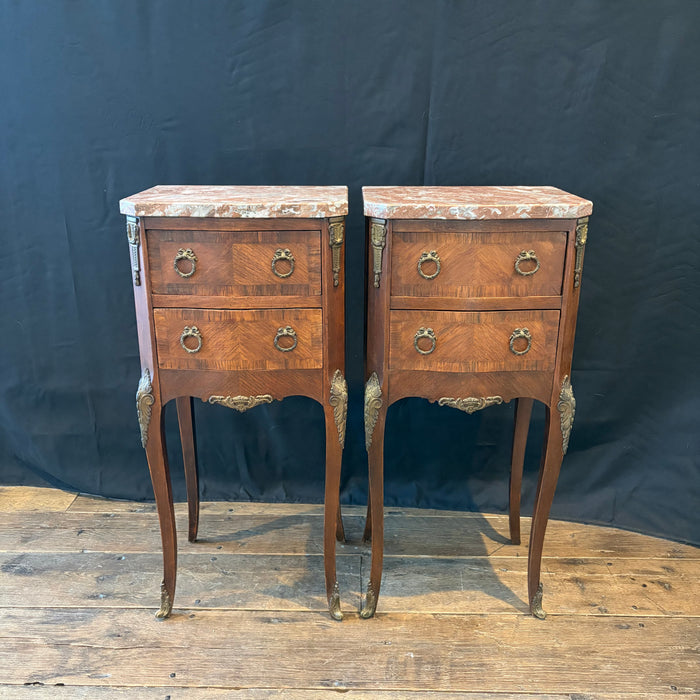 French Pair Marble Top Nightstands or Bedside Tables, or Side Tables Louis XV