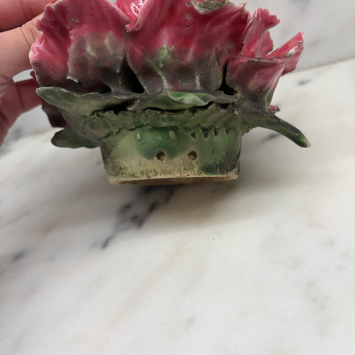 Antique French Pink Porcelain Rose Flower Sculpture with Green Leaves