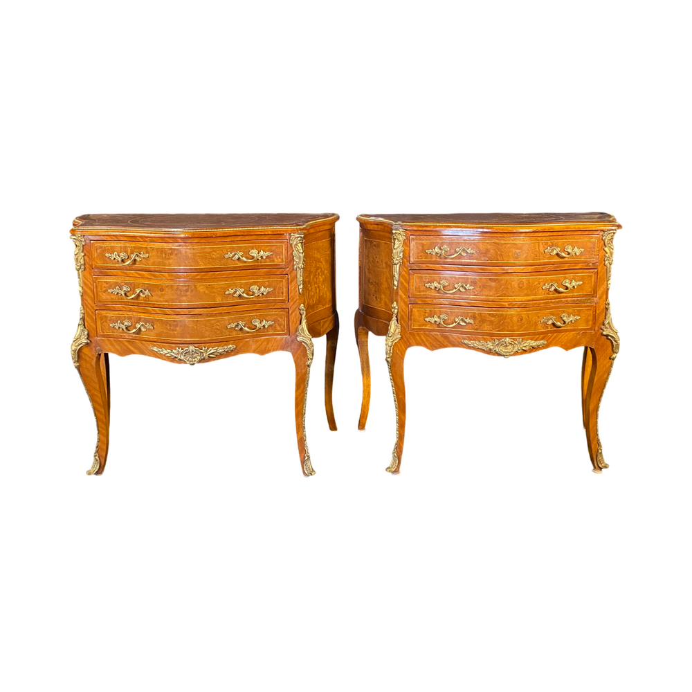 French Pair of Louis XV Walnut Commodes, Side Tables or Nightstands with Ormolu Accents