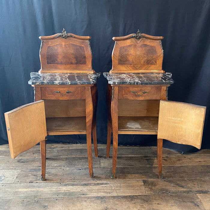 Pair of Antique French Louis XV Marble Top Bedside Cabinets, Nightstands or Side Tables