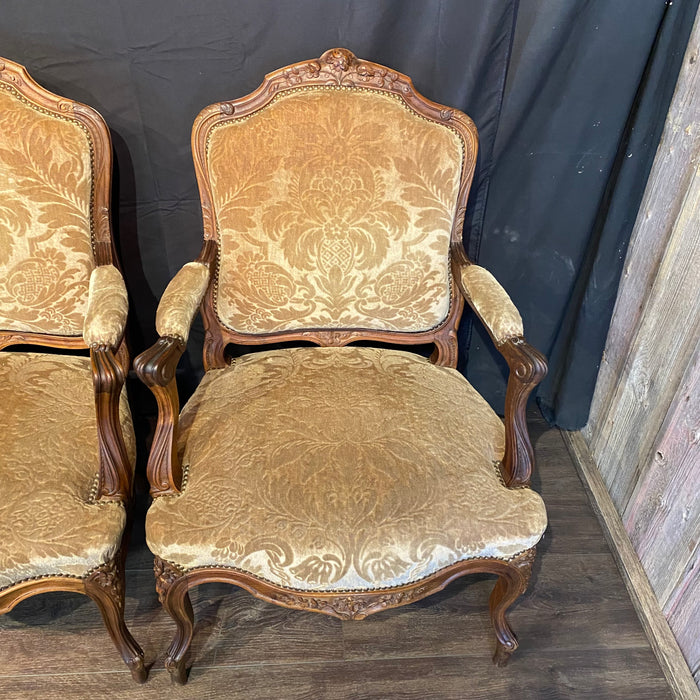 Set of Four French Louis XV Carved Armchairs with Cut Velvet Mohair Upholstery