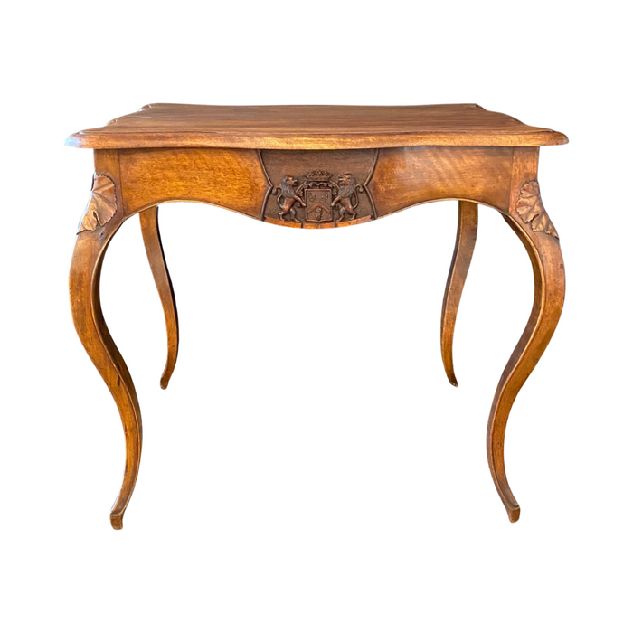 French 19th Century Walnut Accent Table, Side Table, Writing Table or Desk with Lions and Shield Crest with Secret Drawer