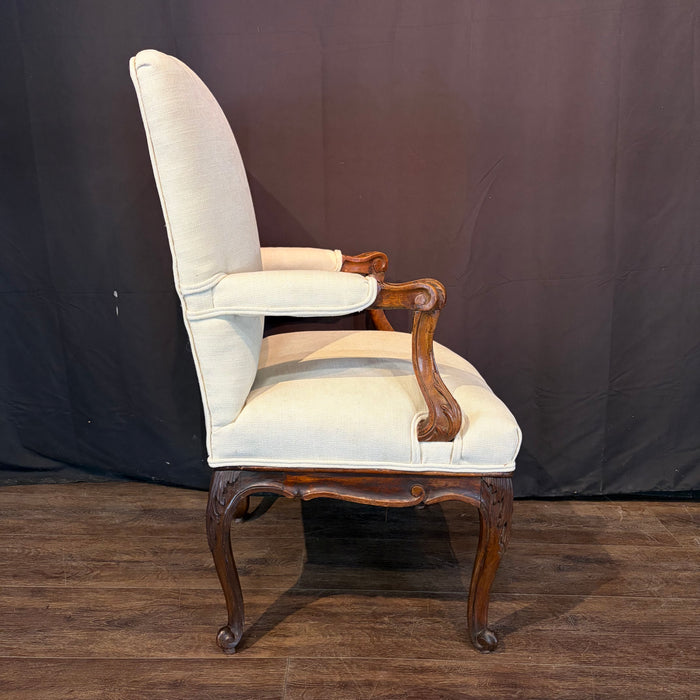 Pair of Early 19th Century French Louis XV Carved Walnut Fauteuil Armchairs with New Neutral Upholstery