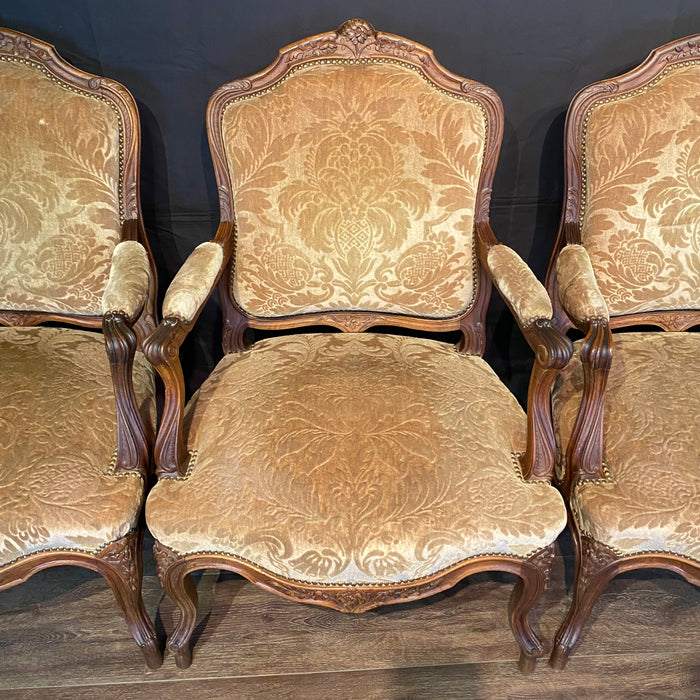 Set of Four French Louis XV Carved Armchairs with Cut Velvet Mohair Upholstery