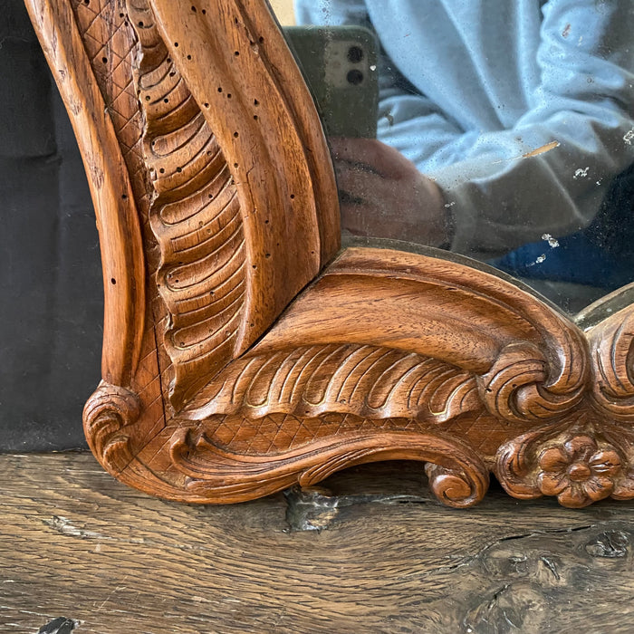 19th Century French Carved Provincial Wooden Walnut Mirror with Floral and Wave Motif