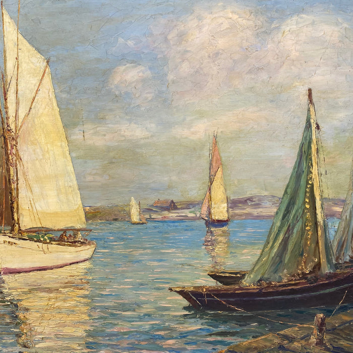 Mid-Century French Impressionist Oil Painting of Sailboats in a Harbor, Signed Gautier