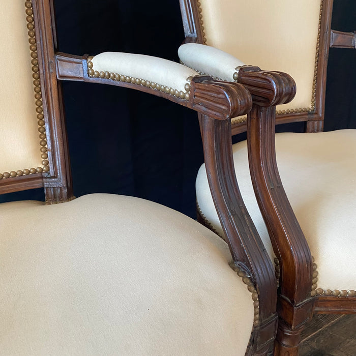 French Pair Louis XVI Carved Mahogany Fauteuil Arm Chairs