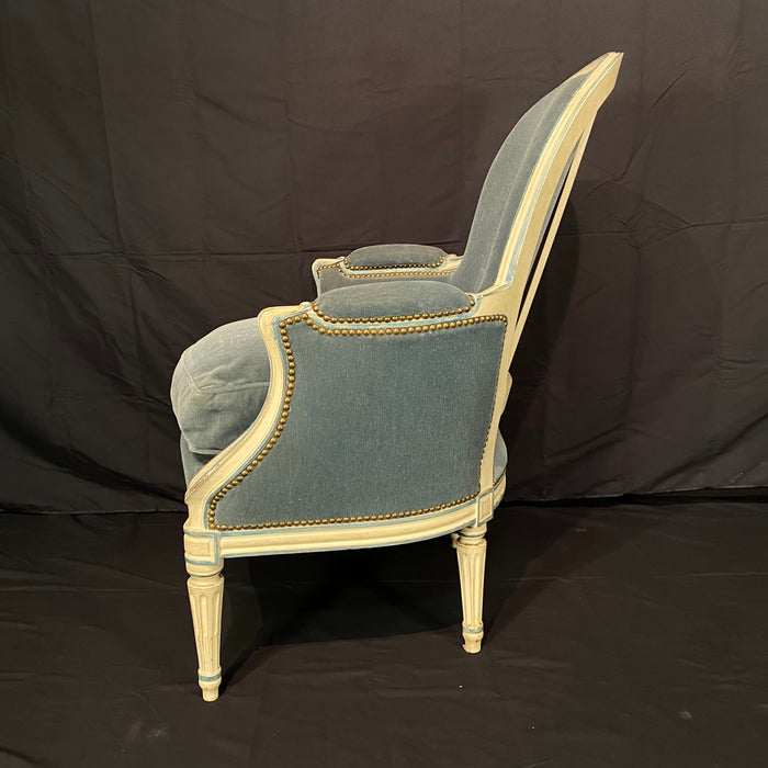 Pair of Antique French Louis XVI Armchairs or Bergere Chairs in Original White Paint and Blue Mohair Upholstery