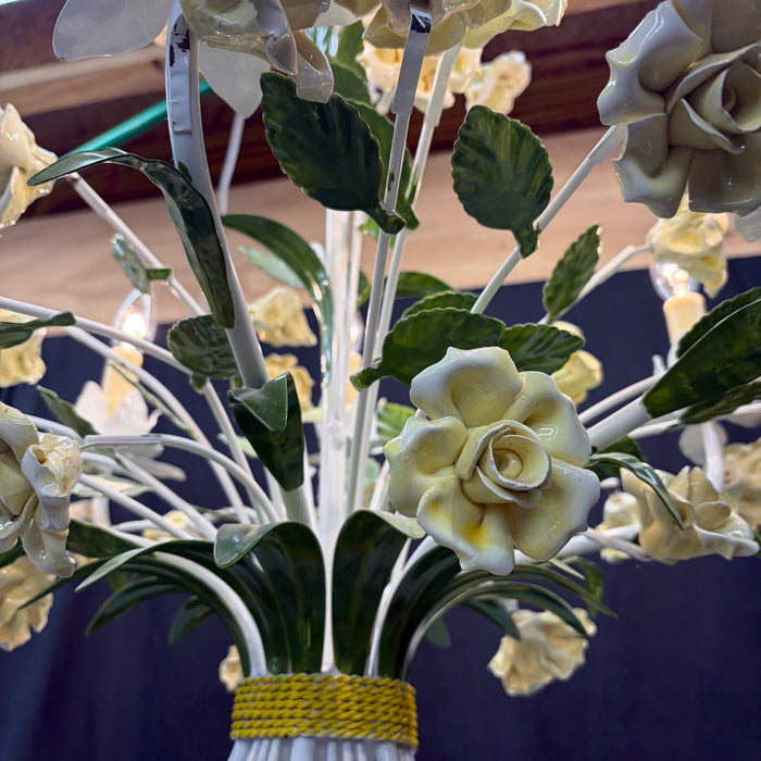 Vintage Italian Style Tole Painted Floral 6-Arm Chandelier With Rose Flowers and Leaves
