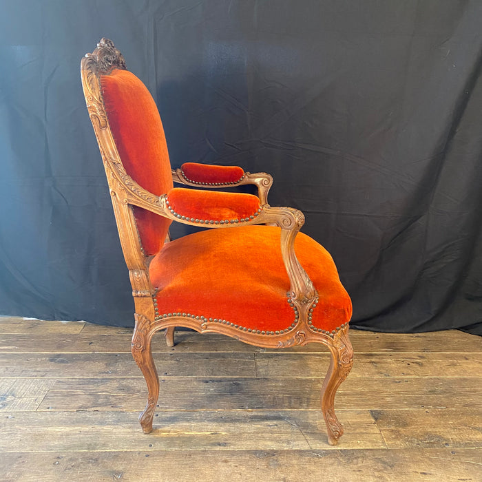 Pair of French Louis XV Intricately Carved Armchairs, Fauteuils or Parlor or Lounge Chairs with Original Fabulous Vermilion Red Mohair