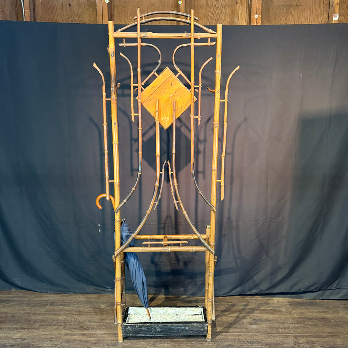 Antique Burnt Bamboo Hall Tree Coat Rack Umbrella Stand and Hat Rack with Mirror