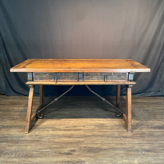 Antique Spanish Baroque Walnut Writing Table, Desk or Console with Iron Stretchers