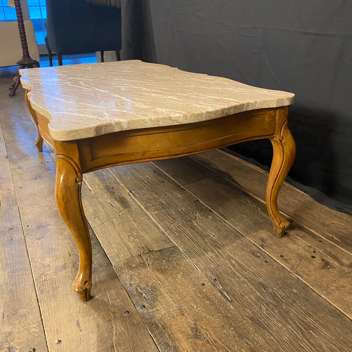 French Louis XV Style Walnut and Marble Top Coffee Table