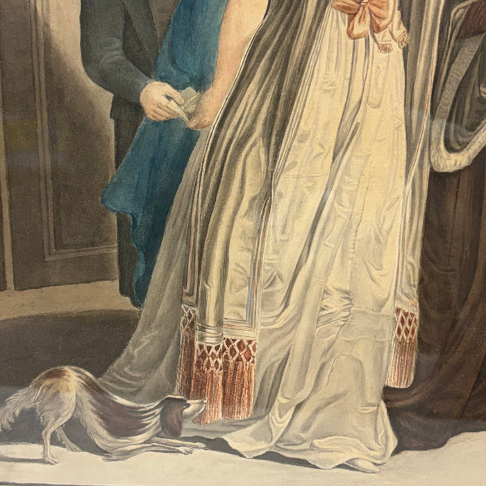 Matching Pair of late 18th Century Desnoyer Artwork: French Color Engravings Framed in Period Gold Leaf Frames