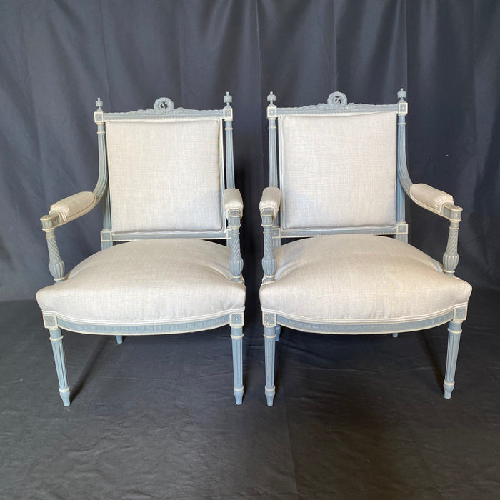 French 19th Century Pair of Louis XVI Neoclassical Painted Armchairs or Fauteuils