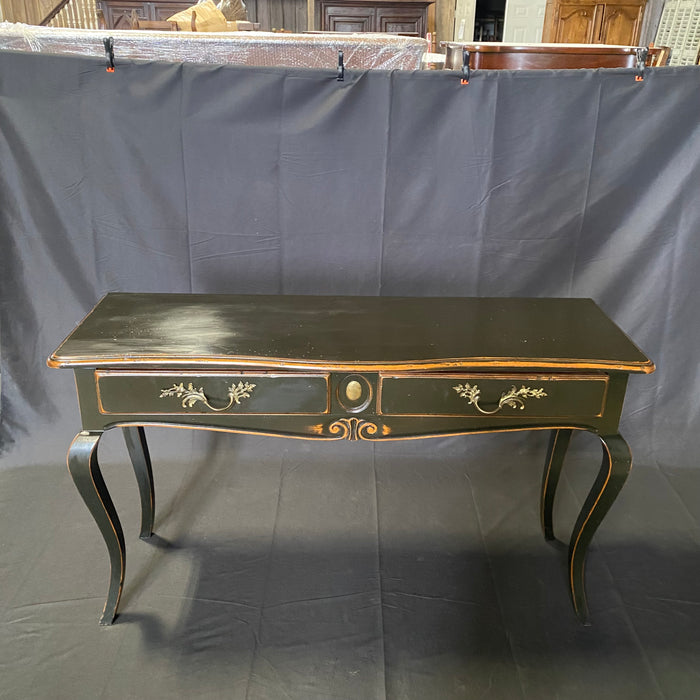 French Louis XV Style Ebonized Console Table or Buffet with Two Drawers and Pull Out Leaf