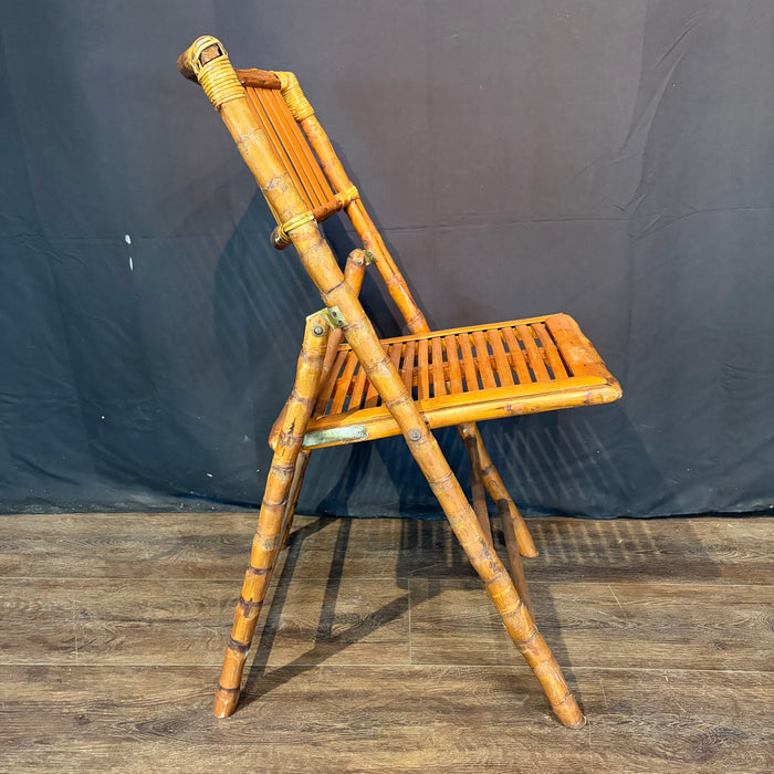 Pair of Midcentury Tortoiseshell Bamboo Folding Chairs with Bamboo and Rattan Tray Table
