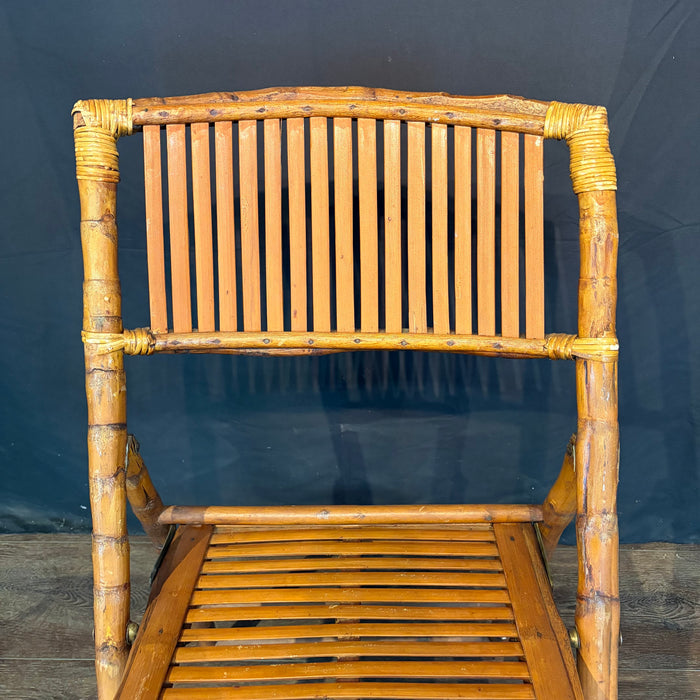 Pair of Midcentury Tortoiseshell Bamboo Folding Chairs with Bamboo and Rattan Tray Table