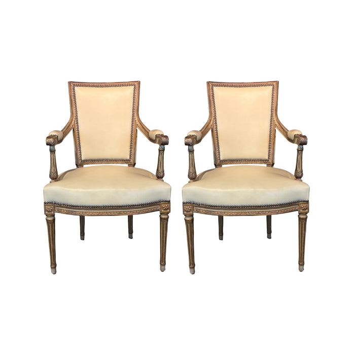 Pair Antique French Louis XVI Carved Giltwood Fauteuil Armchairs