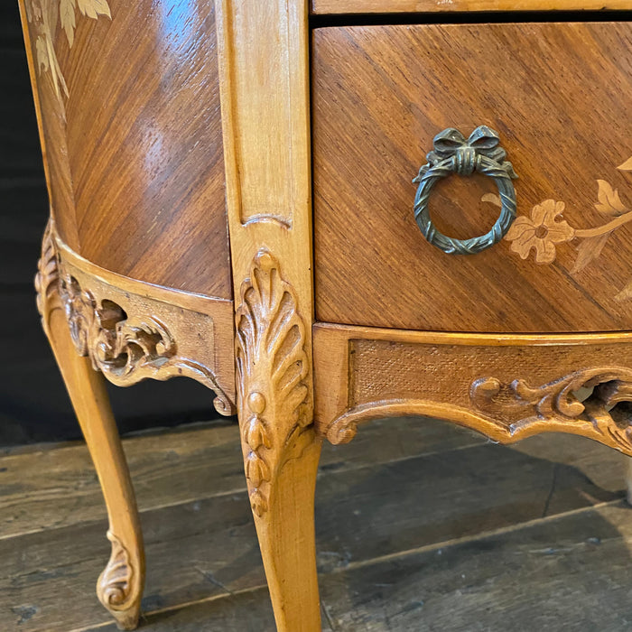 French Louis XV Elegant Marble Top Demilune Side Table, Petite Cabinet, Bedside Table or Nightstand with Floral Marquetry