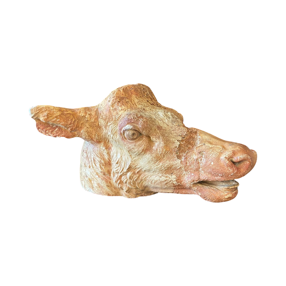 Detailed French Cow Head (Tete de Vache) Sculpture From Butcher's Shop or Boucherie Advertisement - Life Size Architectural Bust