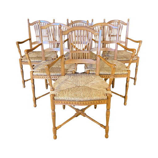 French Provincial Style Rush Seated Wheat Sheaf Arm Chairs or Dining Chairs, Set of 6