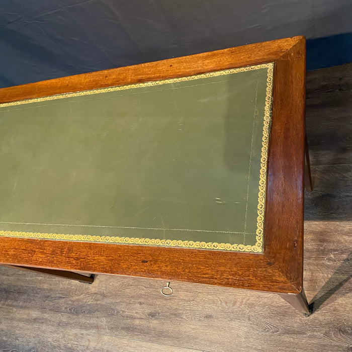 French Antique Embossed Leather Top Desk with Two Drawers and Original Key
