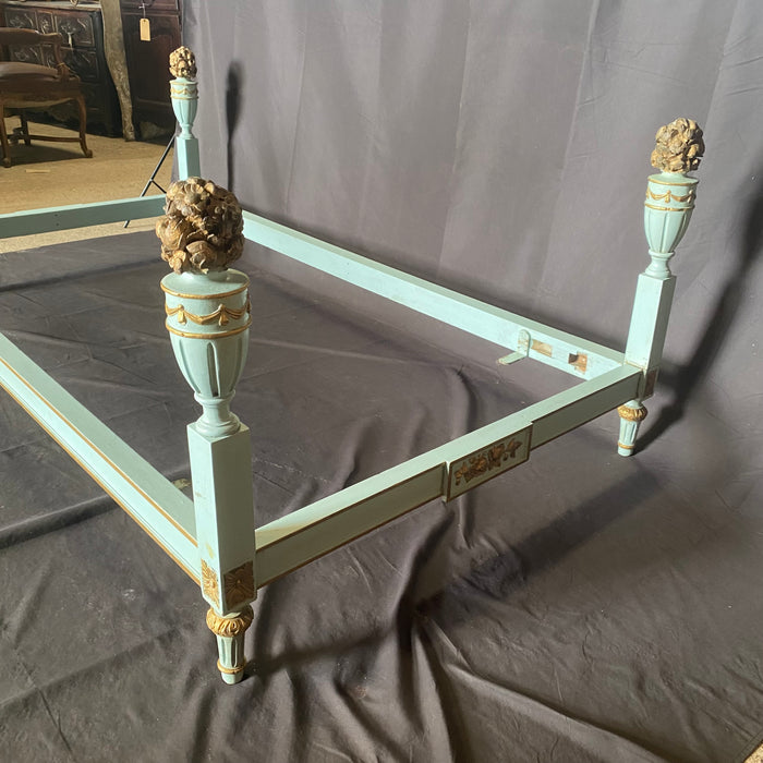 French Louis XVI Painted Daybed or Twin Size Single Bed with Foliage Carving in Original Eggshell Blue and Gold Paint