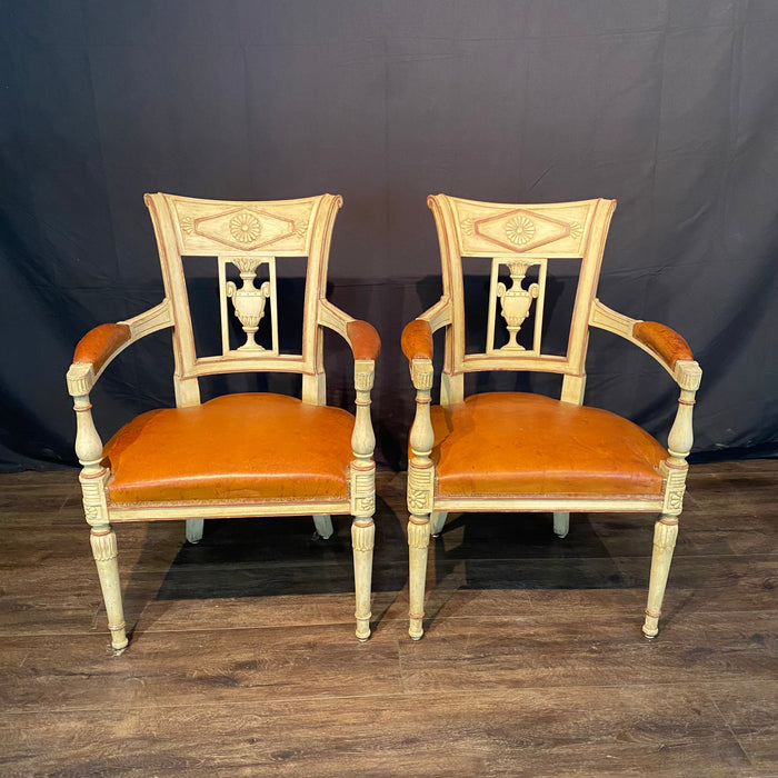 Spectacular Pair of French Neoclassical Figural Leather Armchairs or Fauteuils with Original Paint