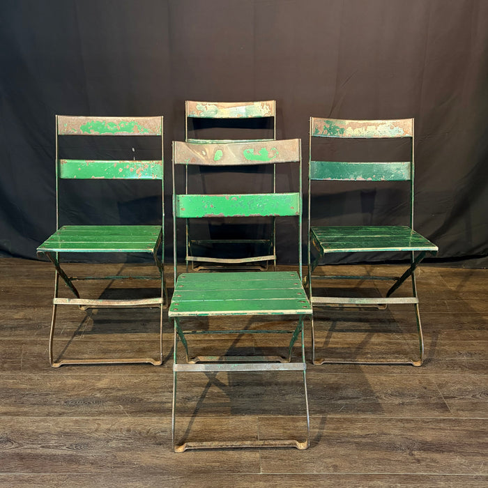 Antique French Folding Cafe' Bistro Chairs in Metal and Wood: Set of Four