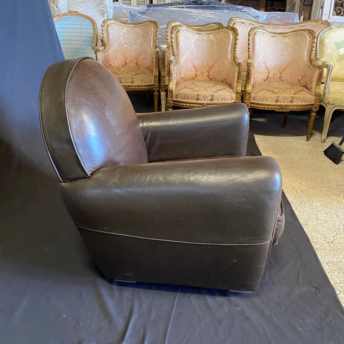 Pair of French Pair Art Deco Leather Club Chairs or Armchairs