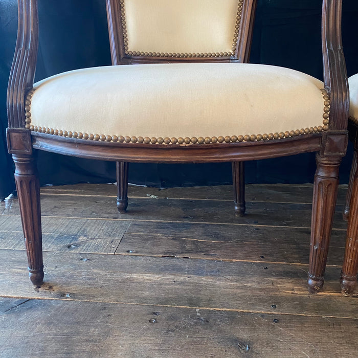 French Pair Louis XVI Carved Mahogany Fauteuil Arm Chairs