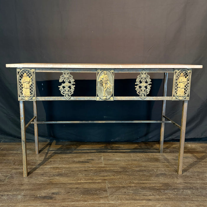 Antique French Balcony Console Table with Marble Top & Figural Wrought Iron Panel