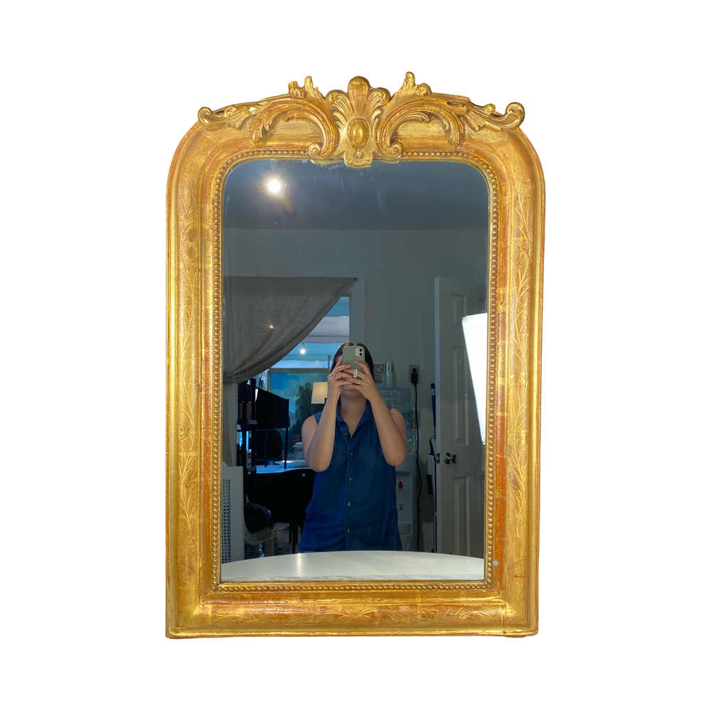 Antique French Louis Philippe Mirror with Crest and Original Gold Gilt Paint