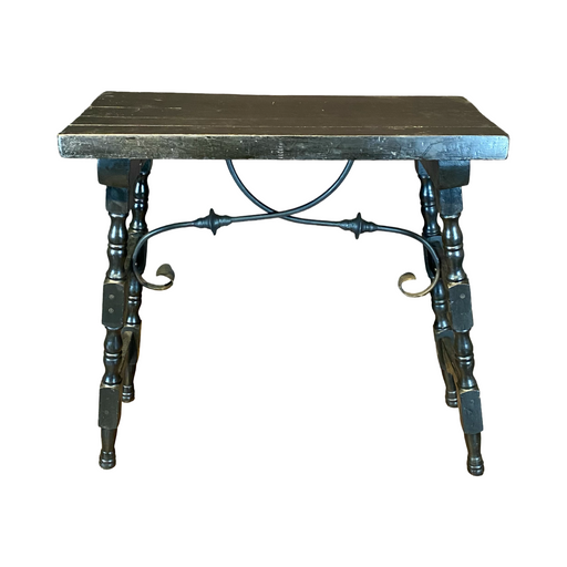 Antique Ebony Spanish Side Table, Accent Table or Console Table with Turned End Supports Joined by Iron Stretchers