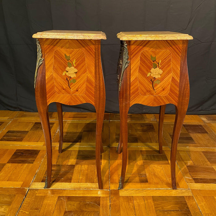 Pair French Louis XV Satinwood Nightstands with Inlaid Marquetry and Marble Tops
