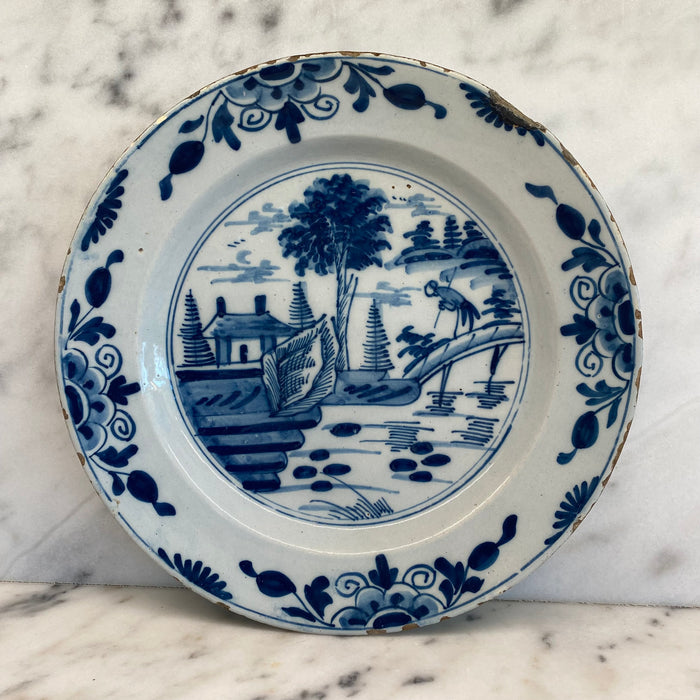 Early Antique Dutch Delft Blue and White Landscape Plate or Platter