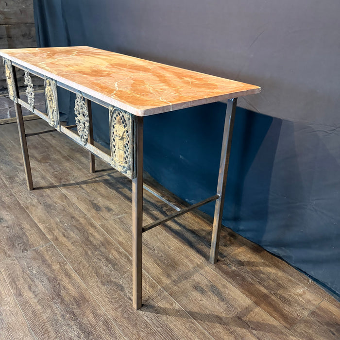 Antique French Balcony Console Table with Marble Top & Figural Wrought Iron Panel