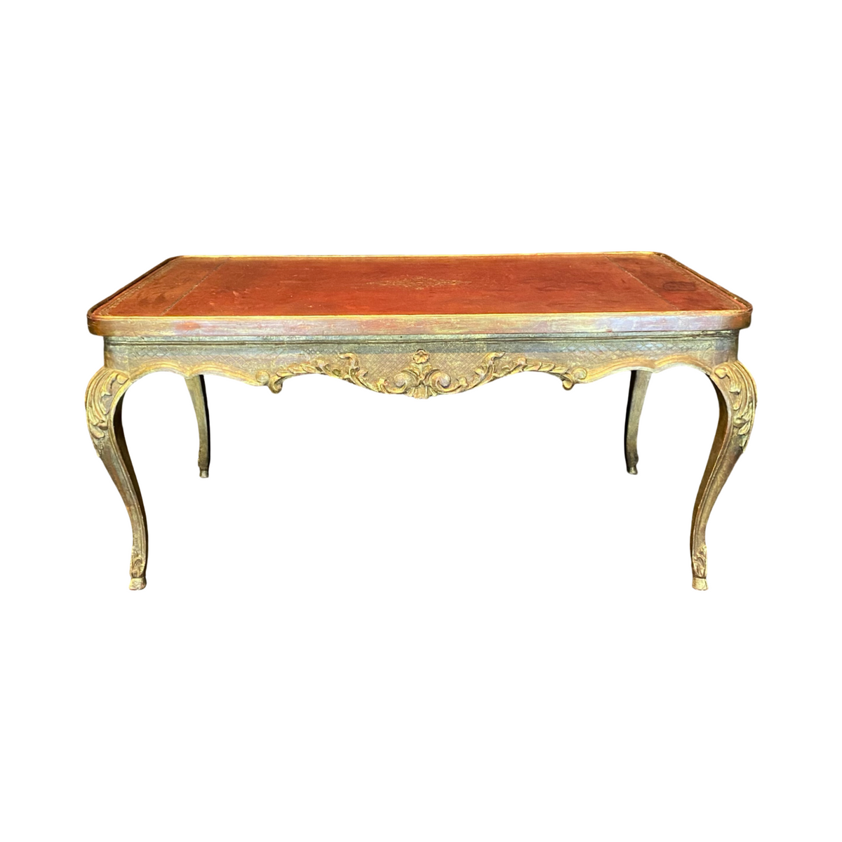 French Louis XV Coffee Table Gold Gilt Paint Carved with Leather