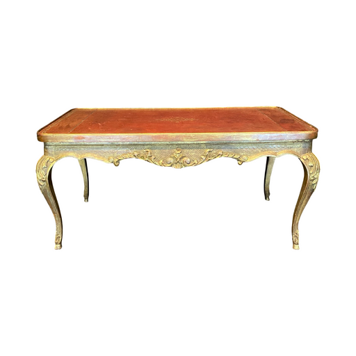 French Louis XV Coffee Table Gold Gilt Paint Carved with Leather Embossed Top