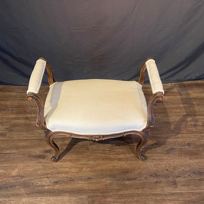 19th Century French Louis XV Carved Walnut Accent Bench, Vanity Seat or Ottoman with New Upholstery