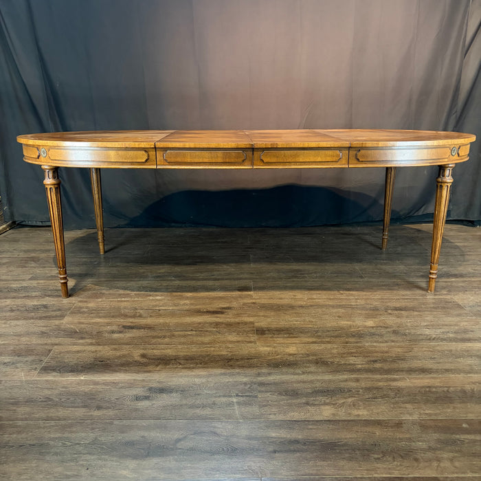 Midcentury French Louis XVI Style Walnut Parquetry Oval Extension Dining Table with Two Leaves