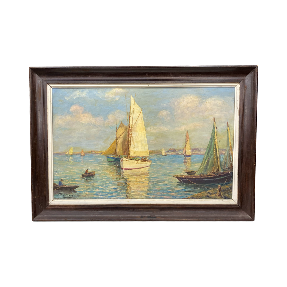Mid-Century French Impressionist Oil Painting of Sailboats in a Harbor, Signed Gautier